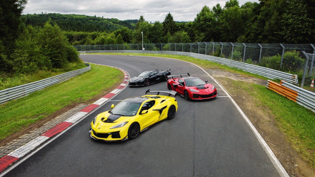 Corvette Z06, ZR1 and ZR1X (back to front) at the Nürburgring Nordschleife racetrack in Germany.